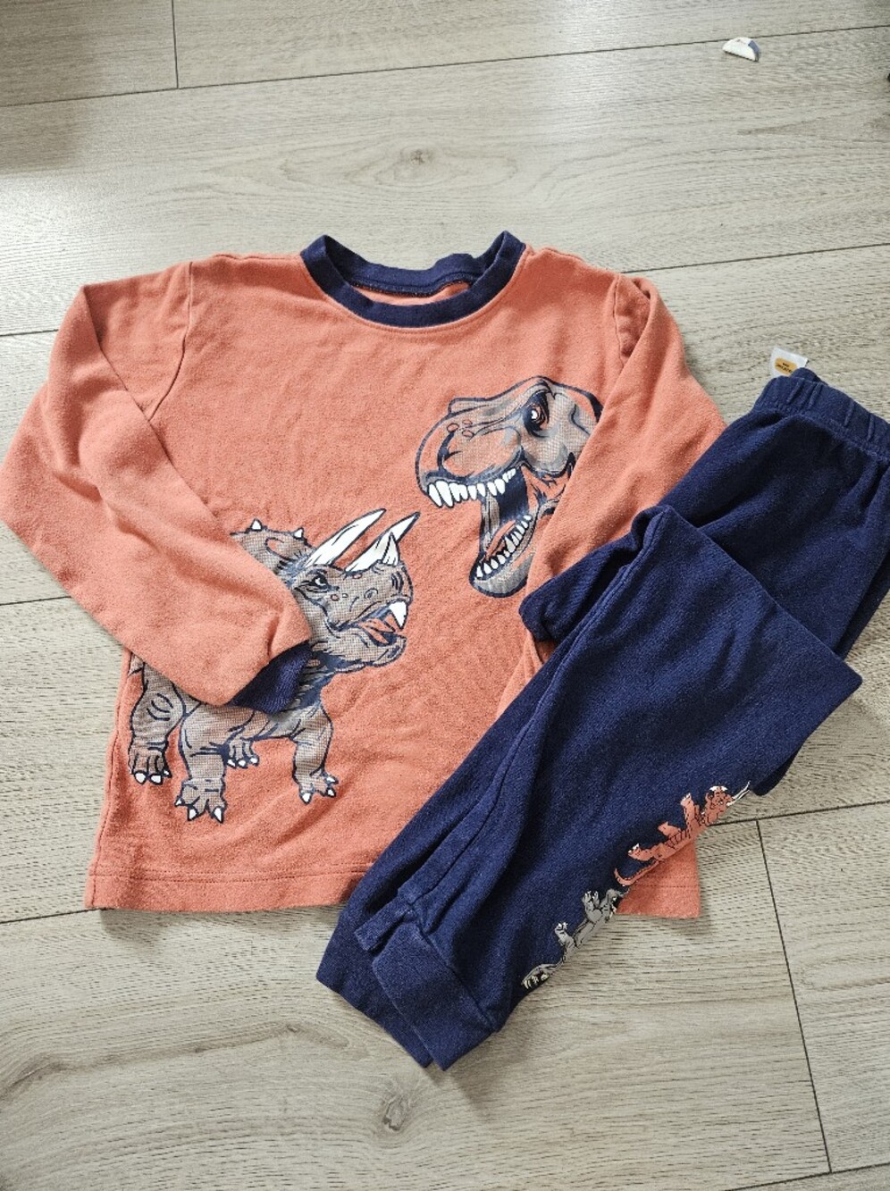 Pekkle Boys Size 7/8 Dinosaur 2 Piece Pajama Set Orange Long Sleeve Navy Pants